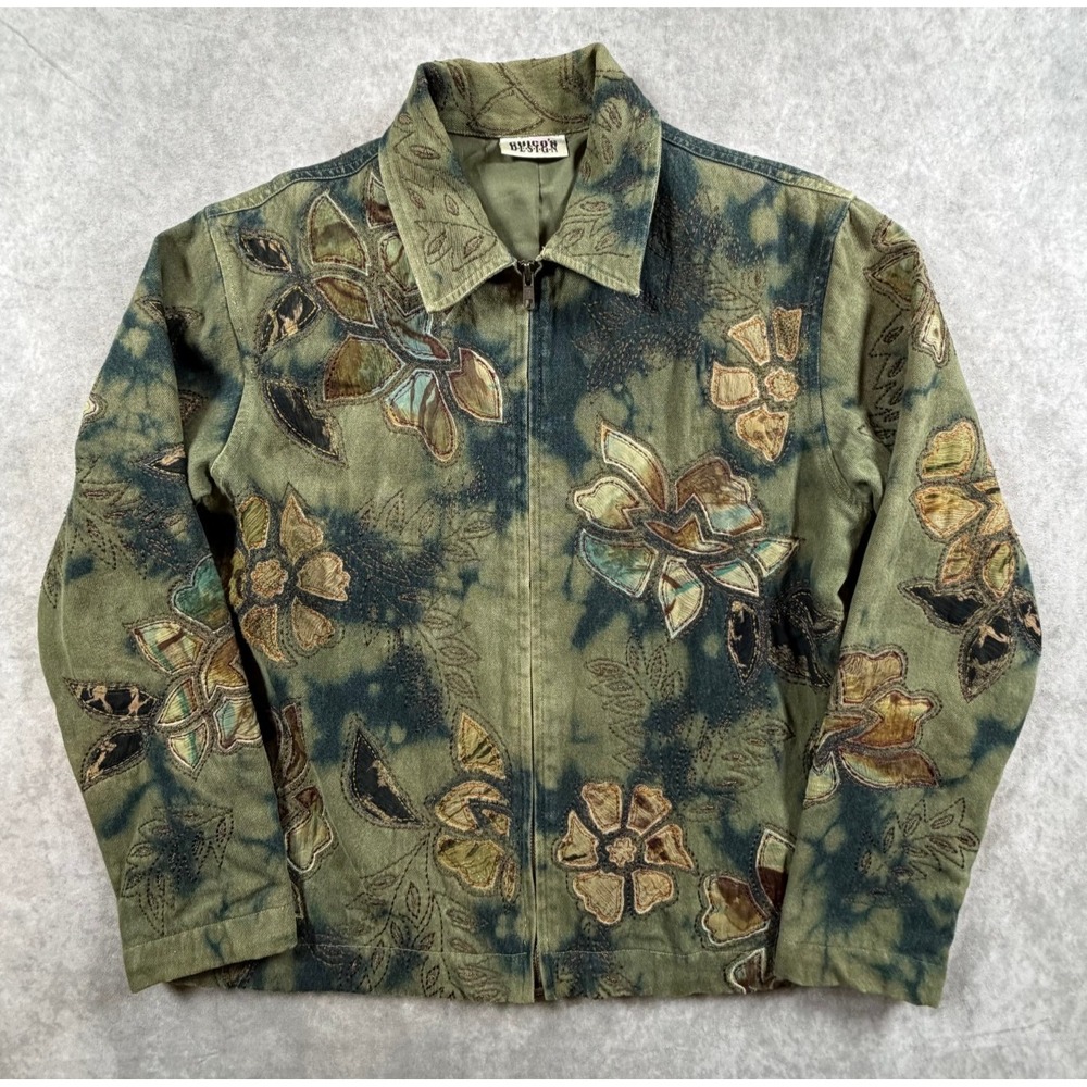 Chicos Design Vintage Womens Denim Jacket Olive Blue Floral Applique Zip Boho